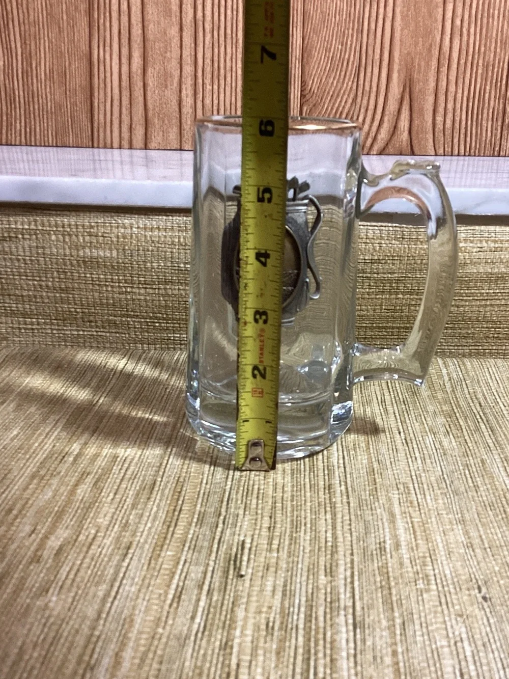 Glass Beer Stein with Brass Golf Emblem - Clear Raised Metal Medallion